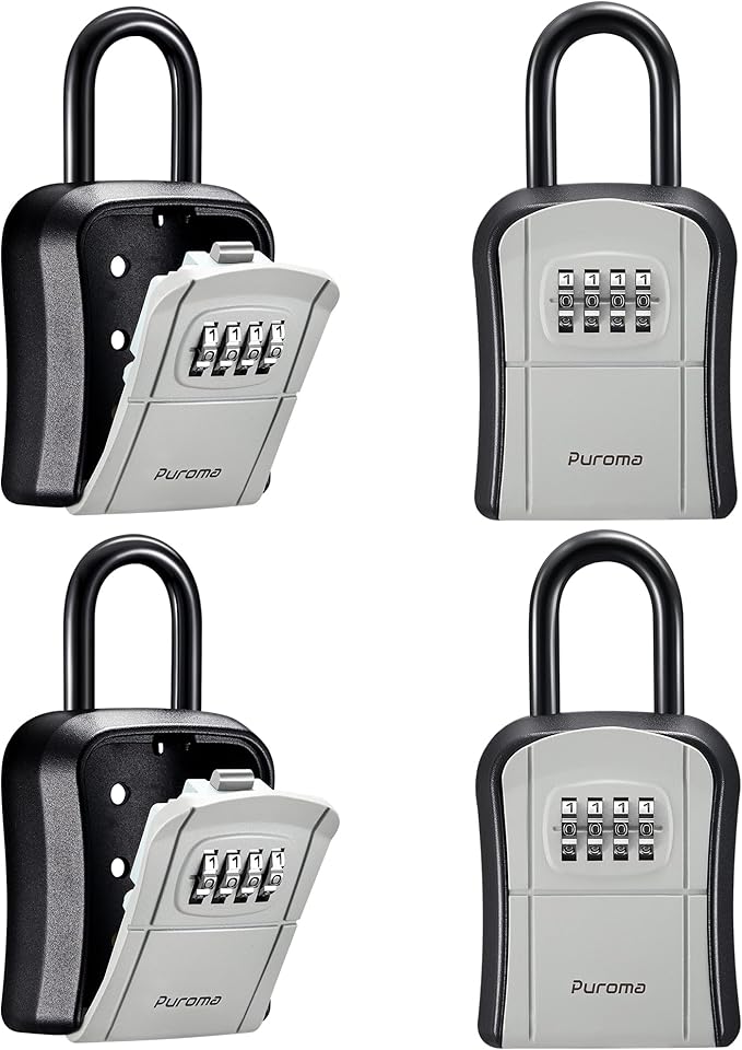 Puroma Key Lock Box, Portable Combination Lockbox Wall-Mounted Key Storage Box for House Keys, Resettable Code Safe Security Lock Box for Home, Office, Apartment Spare Key Storage (4 Pack, Gray)