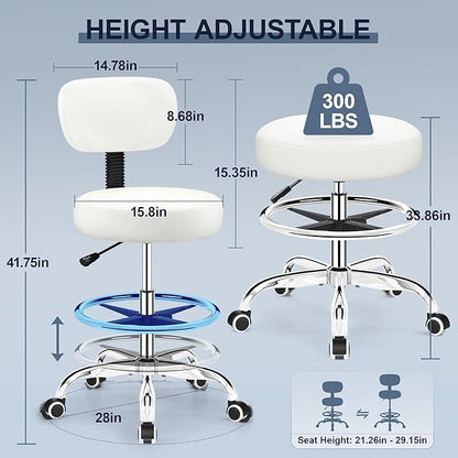 Drafting Chair with Backrest – Adjustable Foot Rest Rolling Stool with Wheels, PU Leather Swivel Stool for Office Spa Studio Lab Counter Salon Home Work Bar Kitchen Shop(White)