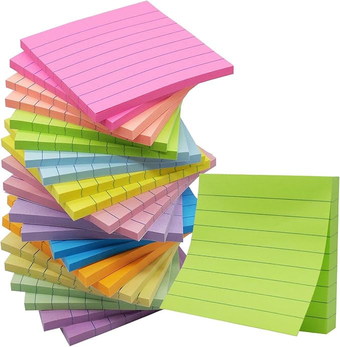 (24 Pack) Lined Sticky Notes 3x3 in Post Ruled Stickies Super Sticking Power Memo Pads,12 Bright Multi Colors Sticky Notes with Lines Self-Stick Note Pads
