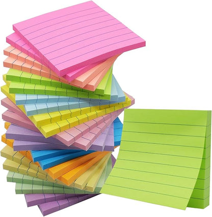 (24 Pack) Lined Sticky Notes 3x3 in Post Ruled Stickies Super Sticking Power Memo Pads,12 Bright Multi Colors Sticky Notes with Lines Self-Stick Note Pads