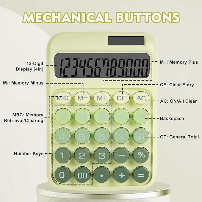 Mechanical Switch Calculator with Big Buttons, Calculators Desktop, 12 Digits, Solar Battery Power, Desk Calculator, Large LCD Display, Cute Green Calculator for Teachers Students Basic Office