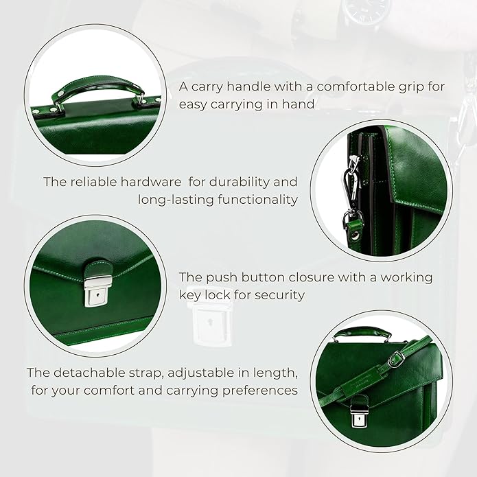 Time Resistance Leather Briefcase for Men - Business Laptop Bag - Italian Handmade Leather Bag - Attache - Gift Box Included