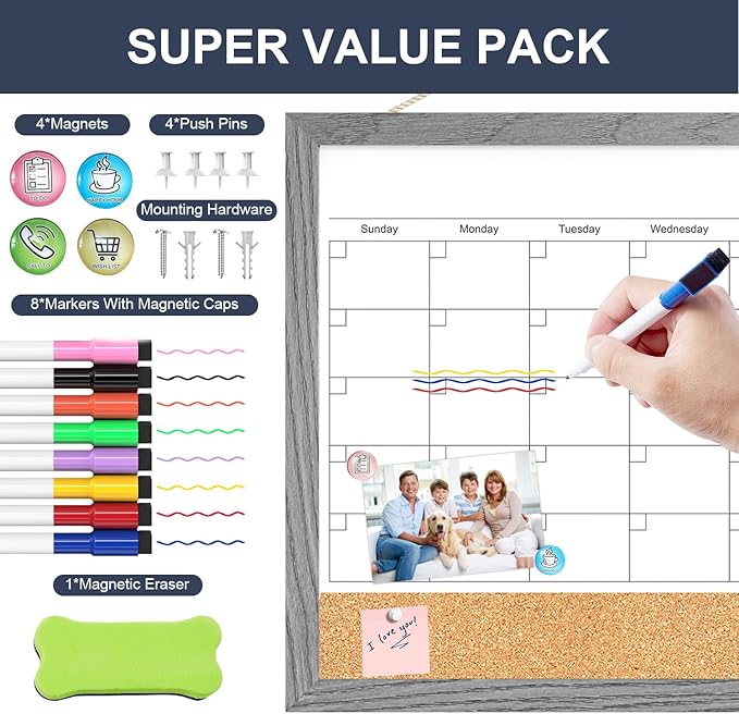 Calendar Whiteboard for Wall, Dry Erase Calendar Whiteboard Cork Board Combo, Magnetic Small White Board, Hanging Dry Erase Board for Kitchen Home Office (Graywashed)