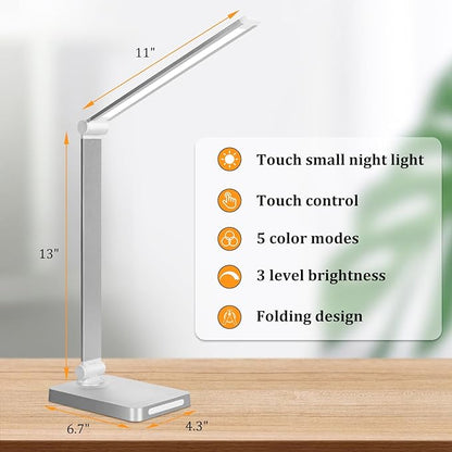 Dott Arts LED Desk Lamp with USB Ports,Touch Desk Lamps for Home Office with 5 Color Modes,3 Brightness Desk Light with Small Night Light,Reading Lamp Table LED Lamp for Bedroom Bedsid Study Sliver