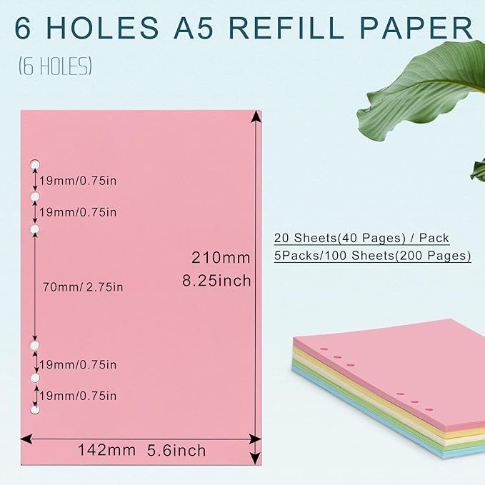A5 Refills Paper, A5 Binder Planner Loose Leaf Paper, [5 Color] 100 Sheets (200 Pages) 6-Hole Notebook Refills for 6-Ring Refillable A5 Ring Binder Notebook Planner, Blank Paper