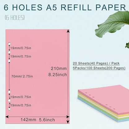 A5 Refills Paper, A5 Binder Planner Loose Leaf Paper, [5 Color] 100 Sheets (200 Pages) 6-Hole Notebook Refills for 6-Ring Refillable A5 Ring Binder Notebook Planner, Blank Paper