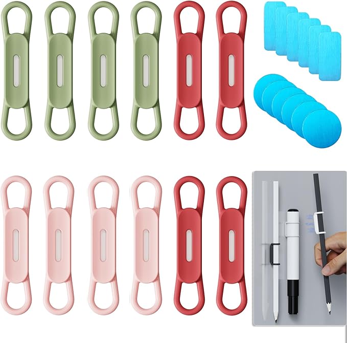 12 Pack Magnetic Pencil Holder Silicone Magnetic Pen Holder for Refrigerator, Magnetic Dry Erase Marker Holder for Whiteboard, Desk, Clipboard, Locker Accessories (4green+4pink+4red)