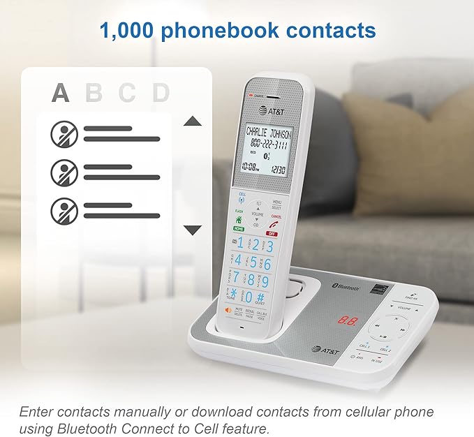 AT&T DAL75211 DECT 6.0 Cordless Home Phone with Smart Call Blocker, Bluetooth Connect to Cell, Digital Answering Machine, Full-Duplex Speakerphone, Expandable to 5 HS (White)