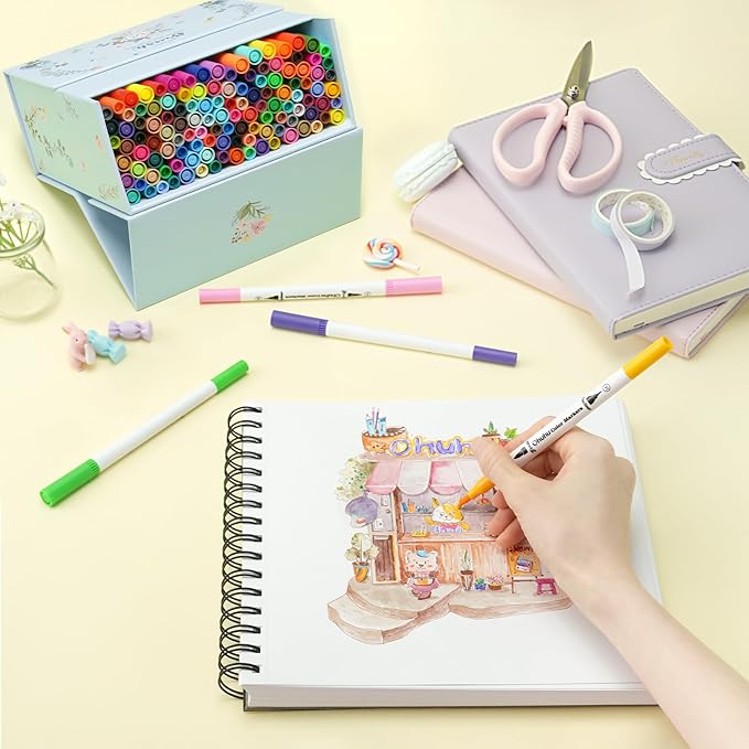 Ohuhu Markers for Adult Coloring Books No Bleeding 120 Colors Coloring Markers Water-based Dual Tips Fineliner & Brush Drawing Pens Art Markers for Kids Adults Sketch Journal - Maui - White