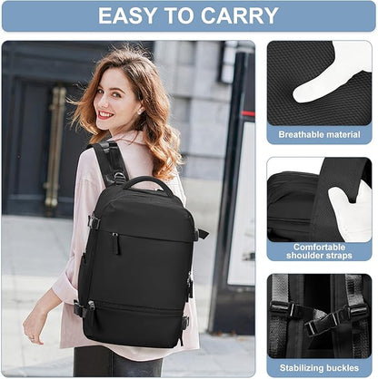 Travel Backpack Simple Durable Carry On Backpack with Shoe Compartment, Personal Item Travel Bag Flight Approved, Water Resistant Laptop Backpack for Women Men Weekender Business, Black