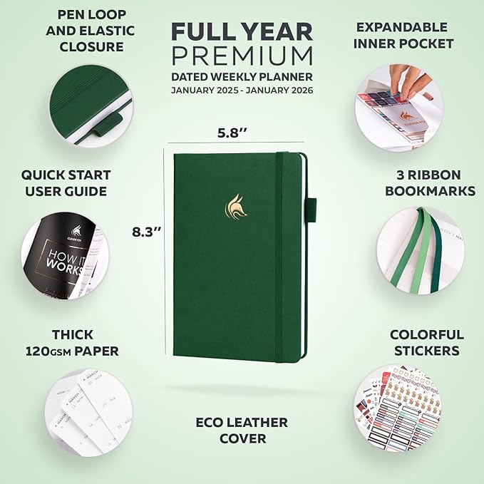 Clever Fox Dated Planner Premium Edition – 2025-2026 Weekly Planner for Planning, Goal Setting & Time Management – Planner Notebook with Habit Tracker & to-do List – A5 Size (Forest Green)