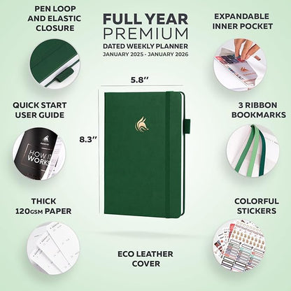 Clever Fox Dated Planner Premium Edition – 2025-2026 Weekly Planner for Planning, Goal Setting & Time Management – Planner Notebook with Habit Tracker & to-do List – A5 Size (Forest Green)