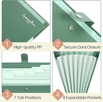 Sooez Elegant Accordion File Organizer with Labels, 8 Pocket Expanding File Folder, Portable Folders for Documents, Cute Paper Organizer for School Office Supplies, Letter Size, Dark Green