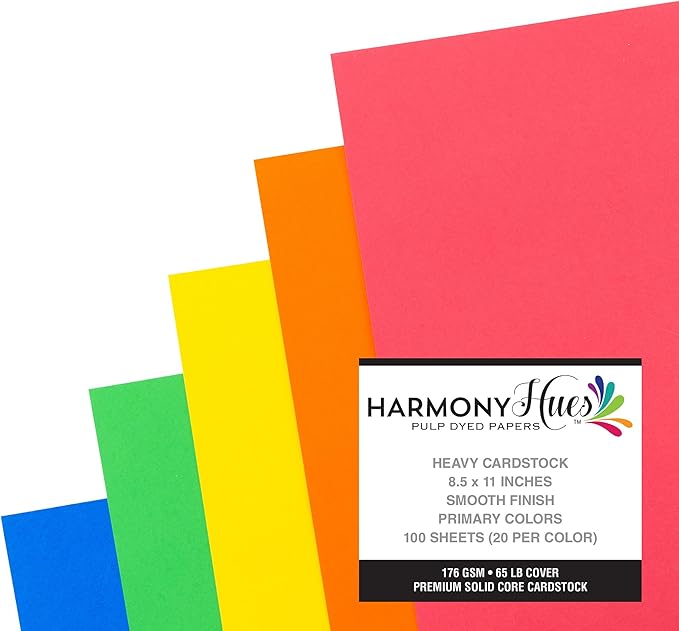 Cardstock 8.5 x 11 Paper Pack - 65lb Smooth Card Stock for Crafts, Cardmaking, Printers - 100 Scrapbook Sheets, 5 Assorted Colors - Double Sided with Solid Core, Primary