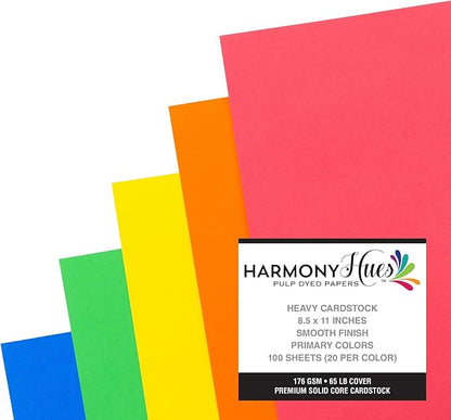 Cardstock 8.5 x 11 Paper Pack - 65lb Smooth Card Stock for Crafts, Cardmaking, Printers - 100 Scrapbook Sheets, 5 Assorted Colors - Double Sided with Solid Core, Primary