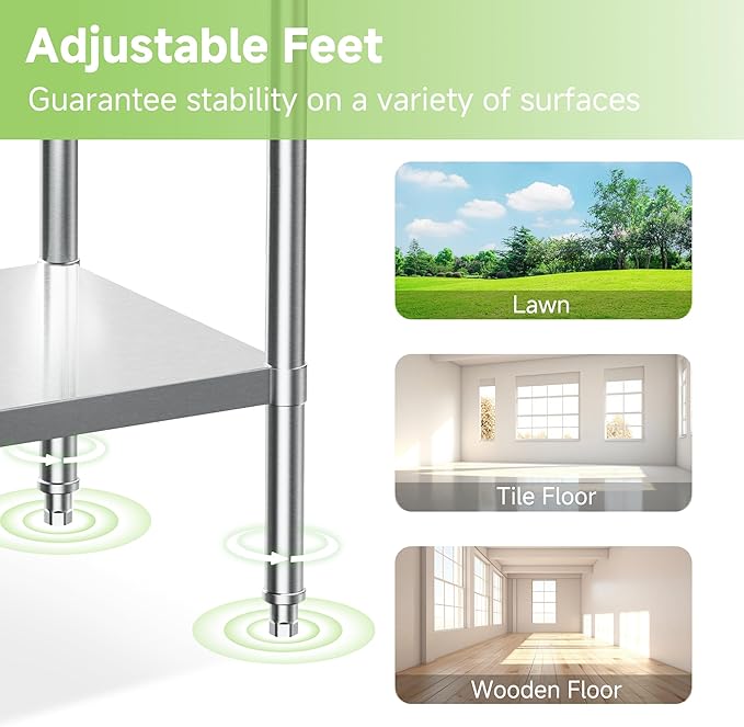 Real Relax Stainless Steel Table, NSF Commercial Heavy Duty Stainless Steel Table for Prep with Adjustable Undershelf, for Commercial Kitchen, Laundry Room and Garage - 24" D x 48" W x 34" H