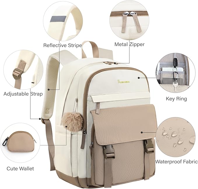 Cute Backpack,15.6 Inch Bookbag for Women,College Backpack for Women with USB Charger and Cute Wallet