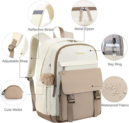 Cute Backpack,15.6 Inch Bookbag for Women,College Backpack for Women with USB Charger and Cute Wallet