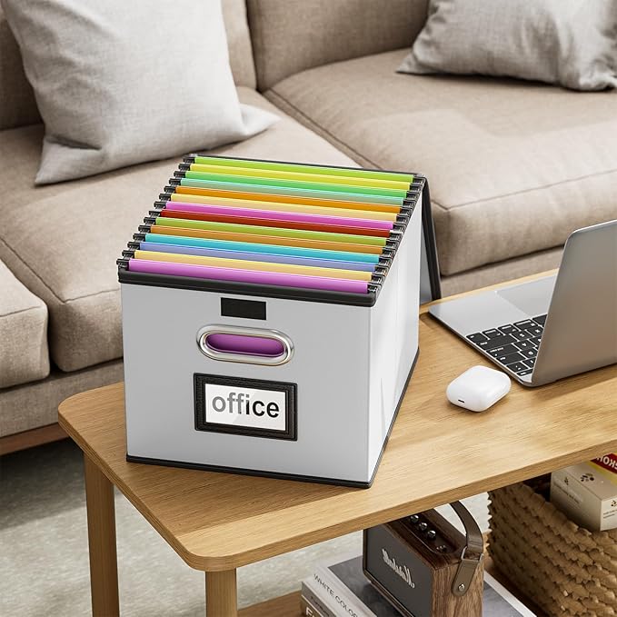 Huolewa Upgraded File Organizer Box with Lid, Collapsible Faux Leather Hanging File Folder Box Organizer with Plastic Slides, Decorative Home/Office Filing System Box for File and Folders Storage