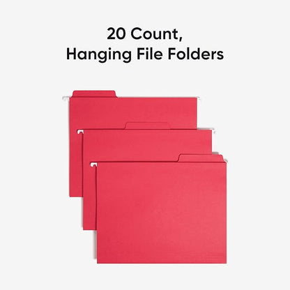 Smead FasTab Hanging File Folder, 1/3-Cut Built-in Tab, Letter Size, Red, 20 per Box (64096) (Pack of 1)