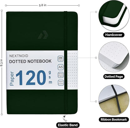 Nextnoid Hardcover Dotted Journal Notebook - 120 GSM Thick Paper, Medium A5-256 Pages - Perfect For Handwriting, Diagrams, Note-Taking and To-Do Lists (Dot, Green)