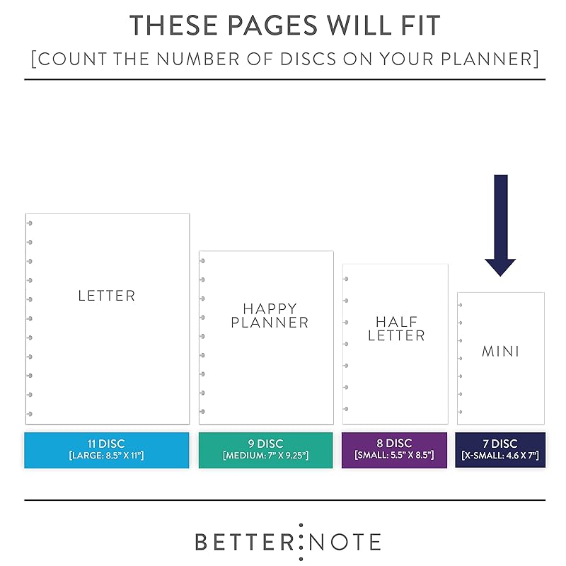 BetterNote Horizontal Undated Calendar Refill Pages for Disc Notebook, fits The Happy Planner, Discbound Levenger Circa, Staples Arc, TUL (Classic- 12 months, 7-Disc, 4.6”x7”)
