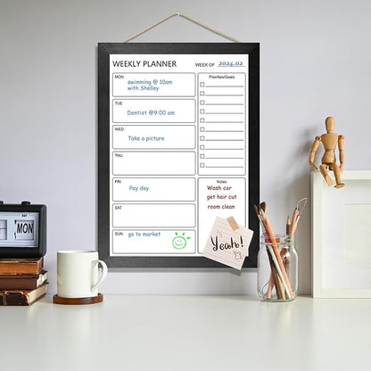Dry Erase White Board Weekly Calendar Board, Magnetic Whiteboard for Wall, 10.5“x14.5” Solid Wood Black Framed Message Board, Planner Board for Office, Home, School(Weekly-BB-BK-2737)