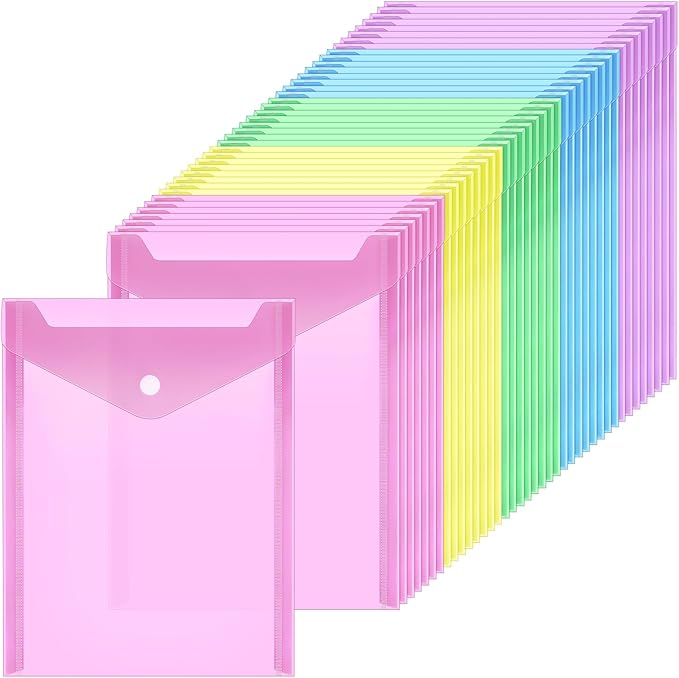 Vmiapxo 40 Pack Multi-Color Stamp and Die Storage Pockets, Reusable Rainbow Small Plastic Envelopes Waterproof Sticker Organizer Receipt Holder Photo Storage Folders (7" x 9.4")