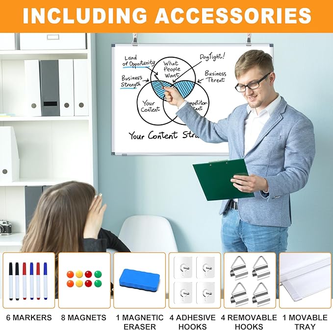 H-Qprobd Magnetic Whiteboard 24" x 18" Dry Erase White Board for Wall, Hanging Mounted Whiteboard with Aluminum Marker Tray