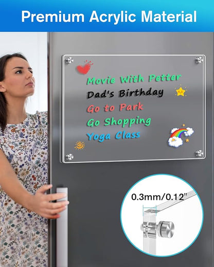 MaxGear 16"x12" Acrylic Dry Erase Board, Clear Magnetic Fridge WhiteBoard Mini Acrylic Memo Notepad for Refridgerator, Kitchen Menu Board Meal Planner Schedule Board, Include 4 Markers, 1 Cloth