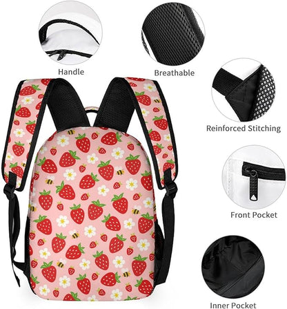3PCS 17" Strawberry Backpack, Shoulders Backpack with Insulated Lunch Bag Durable Strawberry Laptop Bag Daypack with Multiple Pockets (Strawberry)