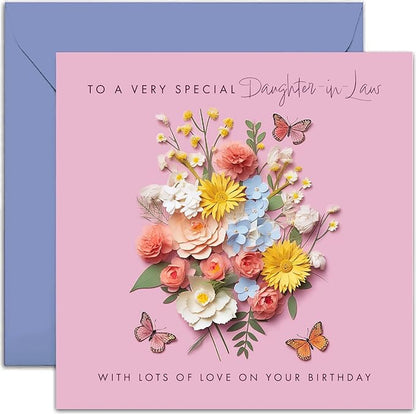 Old English Co. Special Daughter-in-law Birthday Card for Her - Pink Flower Butterfly Artwork Birthday Card - Cute Daughter-in-law Birthday Card | Blank Inside Envelope