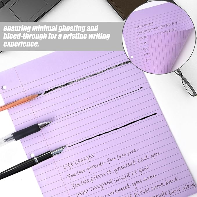 HIBOX 100 Sheets Wide Ruled Loose Leaf Paper, 8x10.5 Inch, 3-Hole Punched, Purple Filler Paper for School & Office