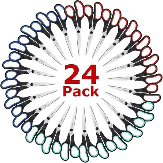 School Scissors Set of 24-Pack, 8" Scissors All Purpose Comfort-Grip Handles Sharp Scissors for High/Middle School Student Teacher Scissor, Office Home Sewing Fabric Supplies, for Right Left Handed