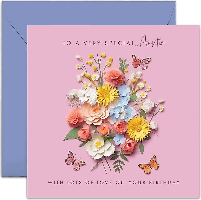 Old English Co. Special Auntie Birthday Card for Her - Pink Flower Butterfly Artwork Birthday Card for Auntie from Niece Nephew - Cute Auntie Birthday Card | Not 3D Card
