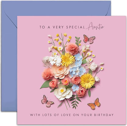 Old English Co. Special Auntie Birthday Card for Her - Pink Flower Butterfly Artwork Birthday Card for Auntie from Niece Nephew - Cute Auntie Birthday Card | Not 3D Card