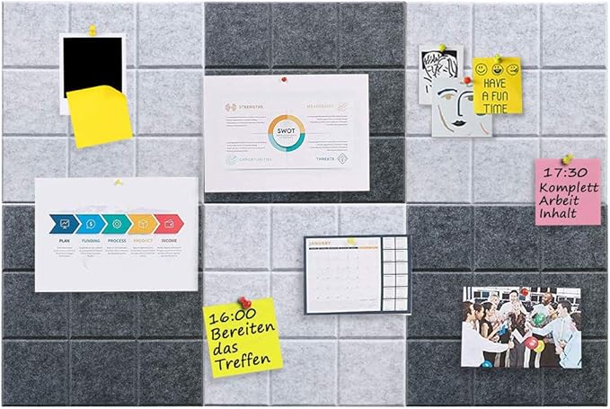 Large 11.8"x11.8" Felt Board Tiles for Wall with 30 Push Pins, Pack of 6 Pin Board Notice Boards for Home Office Kitchen, Bulletin Board Wall Tiles for Photos Memos