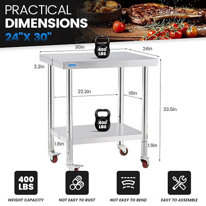 Stainless Steel Table for Prep & Work with 4 Caster Wheels with Adjustable Undershelf 24 x 30 NSF Metal Commercial Kitchen Worktable for Restaurant Home Outdoor