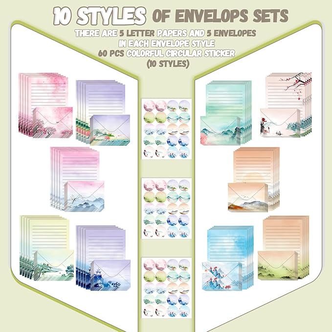 TaoBary 160 Packs Stationery Paper Set (50 Double Sided Stationery Writing Papers 50 Matching Envelopes) 60 Round Dot Sticker, 10 Design(Ink Painting,8.5 x 11 Inch)