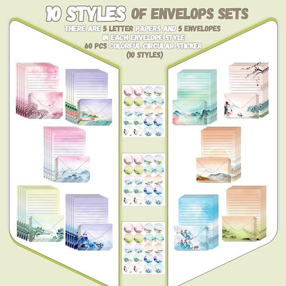 TaoBary 160 Packs Stationery Paper Set (50 Double Sided Stationery Writing Papers 50 Matching Envelopes) 60 Round Dot Sticker, 10 Design(Ink Painting,8.5 x 11 Inch)