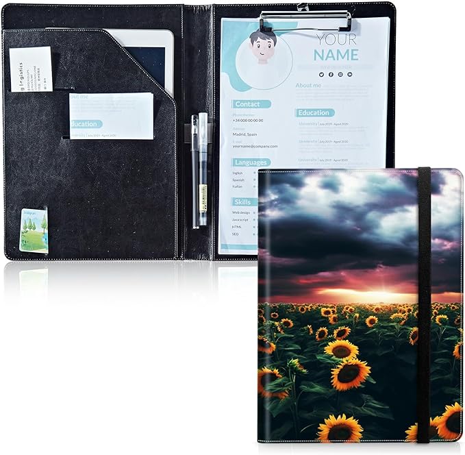 Padfolio Folder with Clipboard,Portfolios Organizer Clipboards with Storage Clipboard Writing Pad PU Leather Conference Document Organizer with Business Card Holder,Sunflower