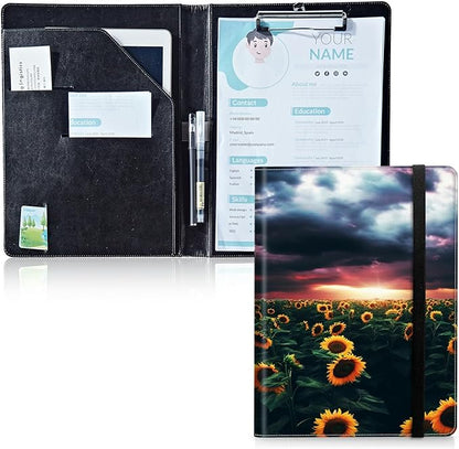 Padfolio Folder with Clipboard,Portfolios Organizer Clipboards with Storage Clipboard Writing Pad PU Leather Conference Document Organizer with Business Card Holder,Sunflower
