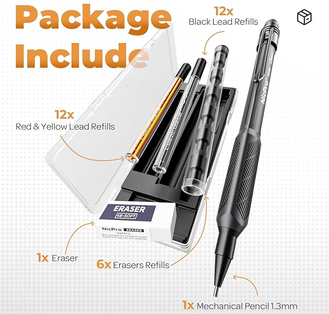 Nicpro 1.3 mm Mechanical Pencils Set with Case,Thick Mechanical Pencil with 24 Lead Refill, Erasers, Weatherproof Metal HD1000 Heavy Duty Carpenter Pencil for Outdoor Marking Drafting Drawing