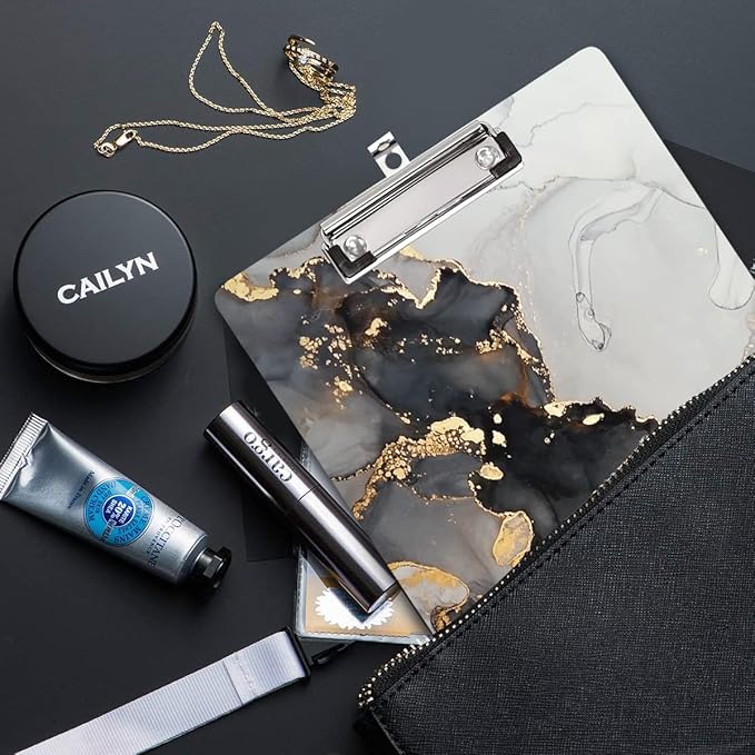 WAVEYU Marble Hardboard Office Clipboard, Clipboard with Low Profile Clip Designed for Students Classroom School and Office Use, Grey+Gold (12.5"x9")