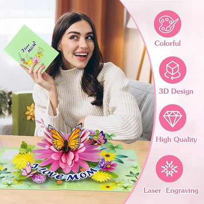 D4DREAM Mothers Day Pop Up Card for Mom - 3D Butterfly Flower Greeting Card with Envelope and Note Tag I Love Mom Pop Up Birthday Gift for Her from Daughter Son