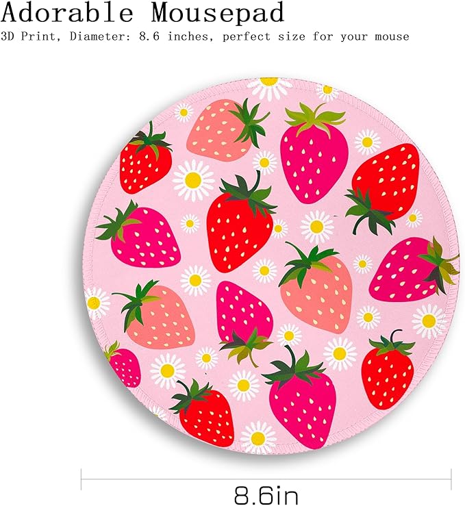 Gctriki Strawberry Mouse Pads for Desk, with Stitched Edge Non-Slip Rubber Base, Cute Small Round Comfortable Computer Mousepad for Laptop Gaming Work, Cute Office Desk Accessories Decor Supplies