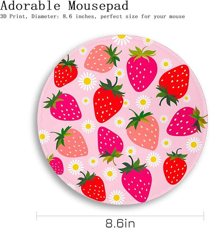 Gctriki Strawberry Mouse Pads for Desk, with Stitched Edge Non-Slip Rubber Base, Cute Small Round Comfortable Computer Mousepad for Laptop Gaming Work, Cute Office Desk Accessories Decor Supplies