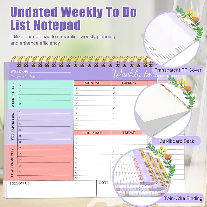 To Do List Notepad 52 Undated Pages, Weekly To Do List Notepad with Weekly Goals, 2 Packs Weekly Planner Notepad 8.5"×11", Task Planning Pad with PP Cover for Women Men to Track Task