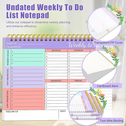 To Do List Notepad 52 Undated Pages, Weekly To Do List Notepad with Weekly Goals, 2 Packs Weekly Planner Notepad 8.5"×11", Task Planning Pad with PP Cover for Women Men to Track Task