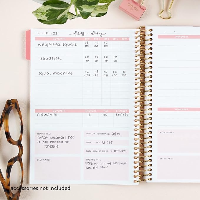 A5 Spiral Bound Fitness Planner – Metallic Gold Rise - 5 Tabs with 160 Pages for Exercise Planning with Intro, Goal Setting, Movement, Progress Check-Ins, Notes & more - Erin Condren